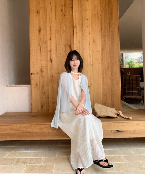 Girly Doll(ガーリードール)の「ノースリーブランダムプリーツロングワンピース チョーカータイ付き(ワンピース・レディース・グリーン/ホワイト・FREE)」の8枚目の写真