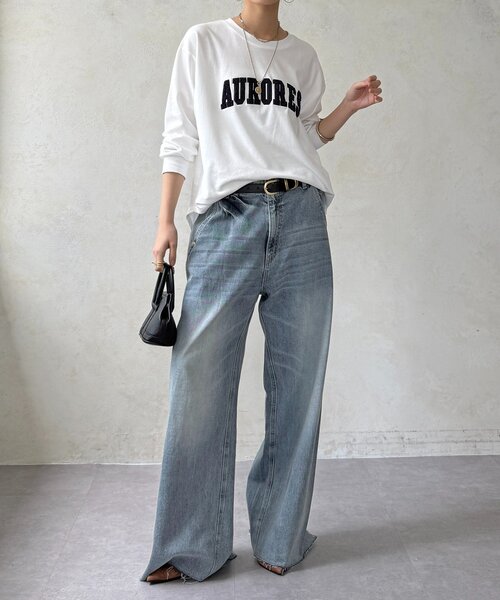 DouDou（ドゥドゥ）の「AURORESサガラ刺繍ロゴロンTEE（Tシャツ/カットソー・レディース・オフホワイト/ダークグレー/グレー・FREE）」の6枚目の写真