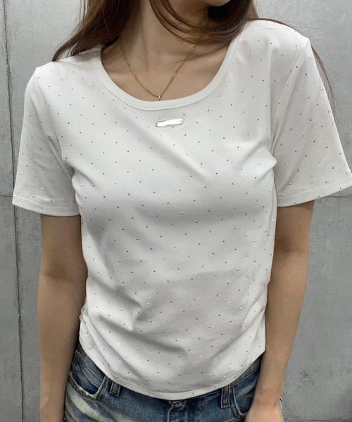 ROGER AND RAW(ロジャーアンドロウ)の「サイドギャザー ラインストーンTシャツ(Tシャツ/カットソー・レディース・ホワイト/ブラック/グレー・FREE)」の21枚目の写真