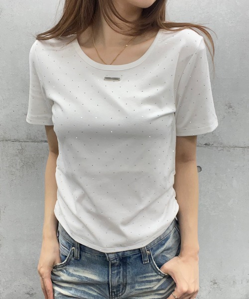 ROGER AND RAW(ロジャーアンドロウ)の「サイドギャザー ラインストーンTシャツ(Tシャツ/カットソー・レディース・ホワイト/ブラック/グレー・FREE)」の18枚目の写真