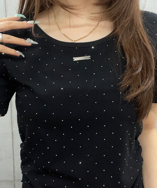 ROGER AND RAW(ロジャーアンドロウ)の「サイドギャザー ラインストーンTシャツ(Tシャツ/カットソー・レディース・ホワイト/ブラック/グレー・FREE)」の8枚目の写真