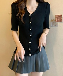 Vネックメロウフリル半袖リブニット