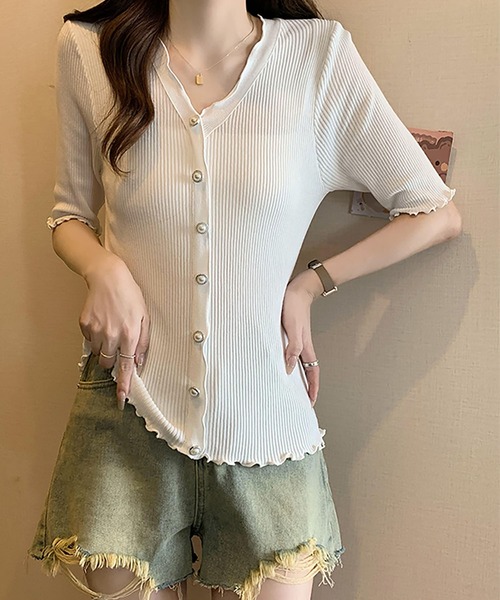 Girly Doll(ガーリードール)の「Vネックメロウフリル半袖リブニット(その他トップス・レディース・ブラック/ホワイト・FREE)」の3枚目の写真
