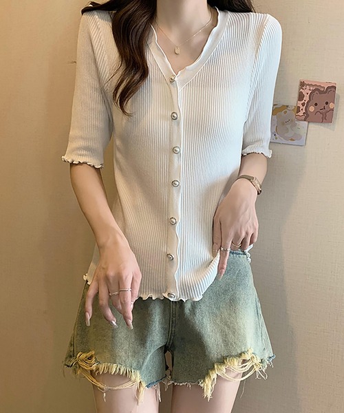 Girly Doll(ガーリードール)の「Vネックメロウフリル半袖リブニット(その他トップス・レディース・ブラック/ホワイト・FREE)」の4枚目の写真