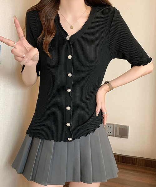 Girly Doll(ガーリードール)の「Vネックメロウフリル半袖リブニット(その他トップス・レディース・ブラック/ホワイト・FREE)」の13枚目の写真
