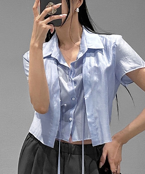 Girly Doll（ガーリードール）の「フェイクツーピース半袖シャツ（シャツ/ブラウス・レディース・ブルー/ホワイト/ブラック・FREE）」の2枚目の写真