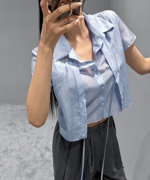 Girly Doll（ガーリードール）の「フェイクツーピース半袖シャツ（シャツ/ブラウス・レディース・ブルー/ホワイト/ブラック・FREE）」の13枚目の写真