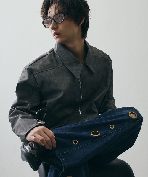Shoowtime(ショウタイム)の「Asymmetrical Diagonal-Zip Faux Leather Jacket / アシンメトリーダイアゴナルジップ フェイクレザージャケット(その他アウター・メンズ・グレー/ブラウン・MEDIUM/X-LARGE/LARGE)」の1枚目の写真