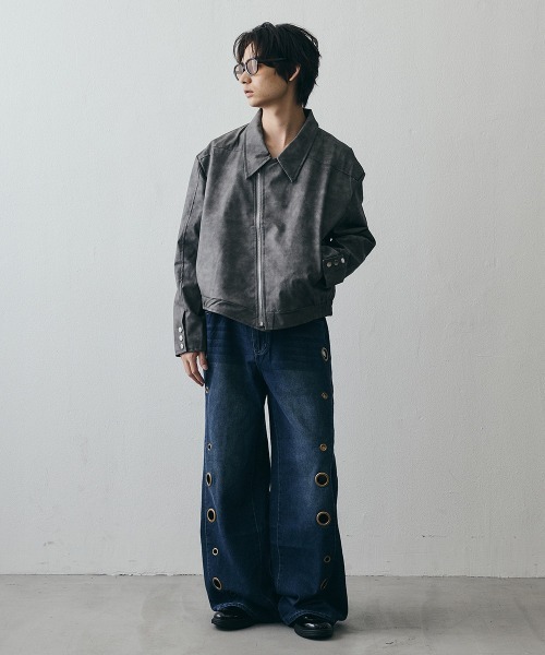 Shoowtime(ショウタイム)の「Asymmetrical Diagonal-Zip Faux Leather Jacket / アシンメトリーダイアゴナルジップ フェイクレザージャケット(その他アウター・メンズ・グレー/ブラウン・MEDIUM/X-LARGE/LARGE)」の22枚目の写真