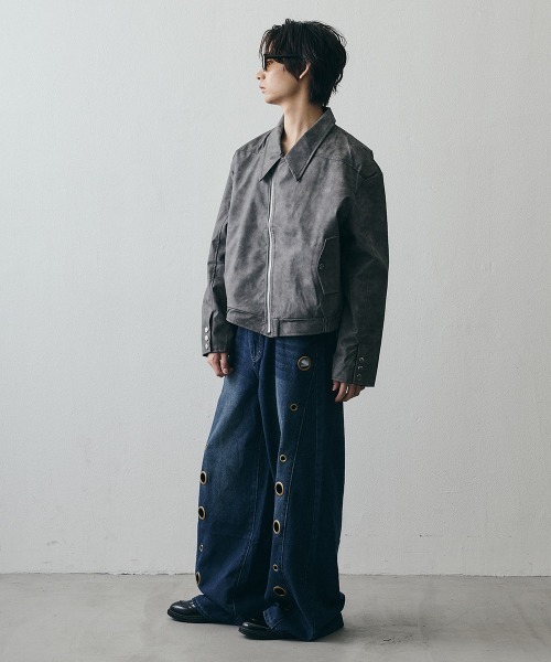 Shoowtime(ショウタイム)の「Asymmetrical Diagonal-Zip Faux Leather Jacket / アシンメトリーダイアゴナルジップ フェイクレザージャケット(その他アウター・メンズ・グレー/ブラウン・MEDIUM/X-LARGE/LARGE)」の14枚目の写真