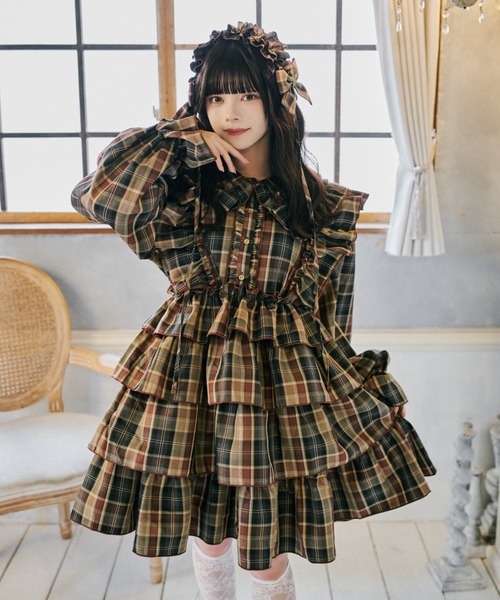 kutir(クティール)の「【クティールとレトロ】フリルリボンチェックティアードミニワンピース(ワンピース・レディース・パープル/ブルー/ブラウン/イエロー/ピンク/グリーン/レッド・FREE)」の2枚目の写真