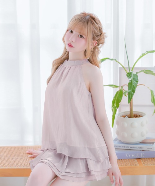 Tika(ティカ)の「キャバドレス セットアップ ミニ フレア アメスリ ノースリーブ ホルターネック ティアード シフォン ドレス キャバワンピ(ドレス・レディース・アイボリー/ブラック/スモークピンク・M/S/L)」の4枚目の写真