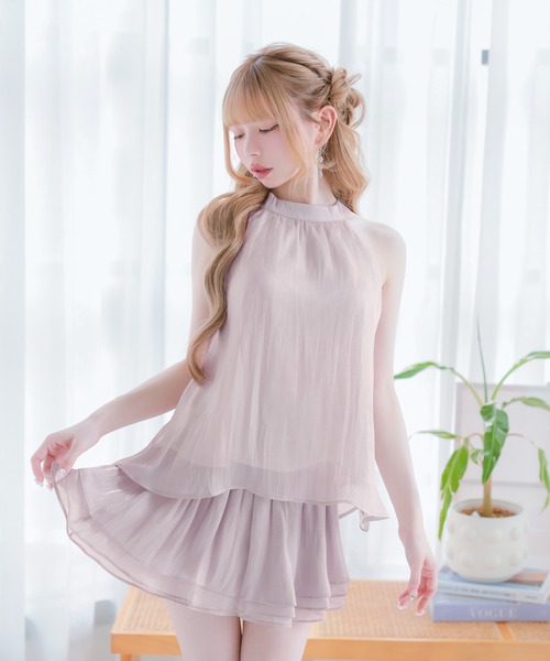 Tika(ティカ)の「キャバドレス セットアップ ミニ フレア アメスリ ノースリーブ ホルターネック ティアード シフォン ドレス キャバワンピ(ドレス・レディース・アイボリー/ブラック/スモークピンク・M/S/L)」の5枚目の写真