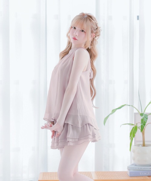 Tika(ティカ)の「キャバドレス セットアップ ミニ フレア アメスリ ノースリーブ ホルターネック ティアード シフォン ドレス キャバワンピ(ドレス・レディース・アイボリー/ブラック/スモークピンク・M/S/L)」の6枚目の写真
