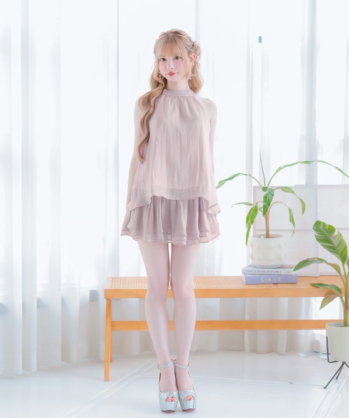 Tika(ティカ)の「キャバドレス セットアップ ミニ フレア アメスリ ノースリーブ ホルターネック ティアード シフォン ドレス キャバワンピ(ドレス・レディース・アイボリー/ブラック/スモークピンク・M/S/L)」の7枚目の写真