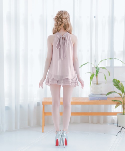 Tika(ティカ)の「キャバドレス セットアップ ミニ フレア アメスリ ノースリーブ ホルターネック ティアード シフォン ドレス キャバワンピ(ドレス・レディース・アイボリー/ブラック/スモークピンク・M/S/L)」の9枚目の写真