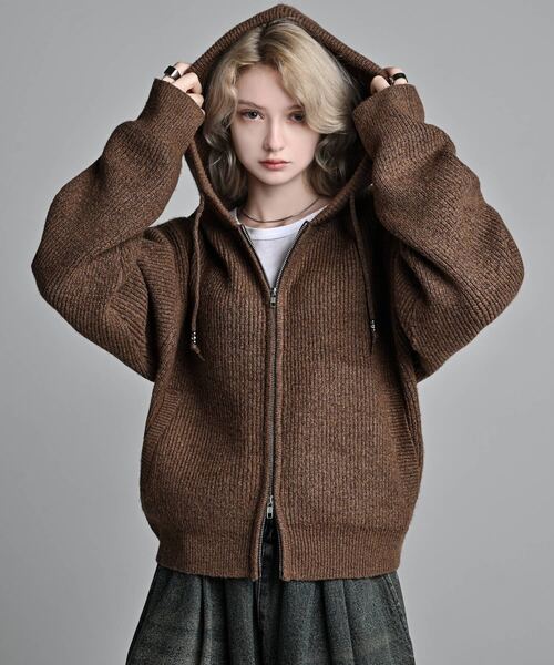wool blend full-zip knit short parka / ウールブレンドフルジップ
