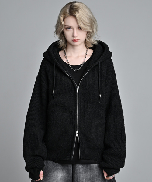 wool blend full-zip knit short parka / ウールブレンドフルジップ
