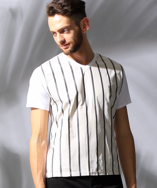 5351 POUR LES HOMMES(ゴーサンゴーイチプールオム)の「メモリーストライプVネック(Tシャツ/カットソー・メンズ・アイボリー/ブラック・1/2/3)」の1枚目の写真