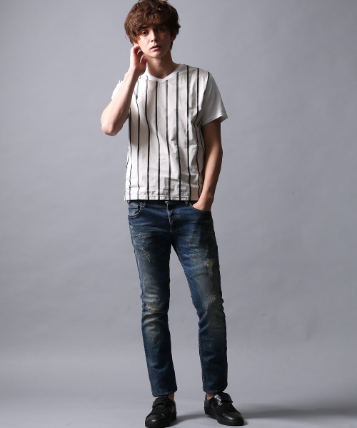5351 POUR LES HOMMES(ゴーサンゴーイチプールオム)の「メモリーストライプVネック(Tシャツ/カットソー・メンズ・アイボリー/ブラック・1/2/3)」の12枚目の写真