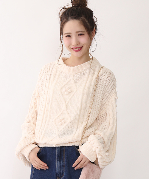 one after another NICE CLAUP（ワンアフターアナザーナイスクラップ）の「モールヤーンケーブルニット（ニット/セーター・レディース・サックスブルー/ブラウン/ピンク/アイボリー・FREE）」の13枚目の写真