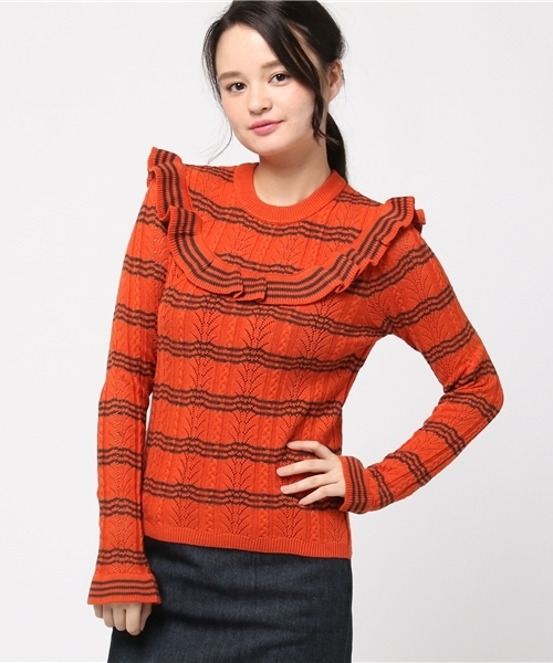 SLY（スライ）の「LACE WORK HG ラッフルTOPS（ニット/セーター・レディース・オレンジ系その他/オフホワイト/ブラック・1/2）」の7枚目の写真