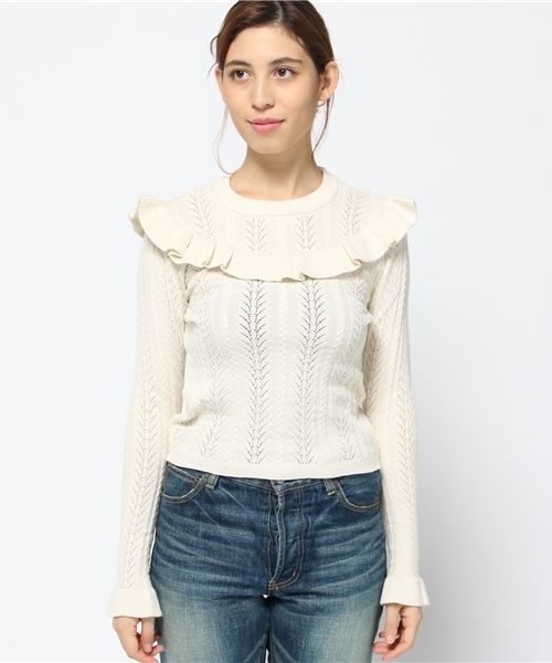 SLY（スライ）の「LACE WORK HG ラッフルTOPS（ニット/セーター・レディース・オレンジ系その他/オフホワイト/ブラック・1/2）」の4枚目の写真