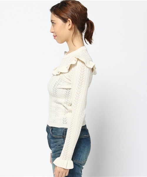 SLY（スライ）の「LACE WORK HG ラッフルTOPS（ニット/セーター・レディース・オレンジ系その他/オフホワイト/ブラック・1/2）」の5枚目の写真