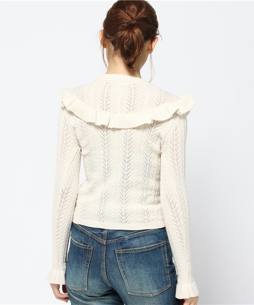 SLY（スライ）の「LACE WORK HG ラッフルTOPS（ニット/セーター・レディース・オレンジ系その他/オフホワイト/ブラック・1/2）」の6枚目の写真