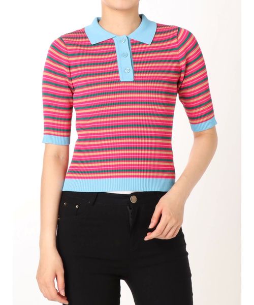 jouetie（ジュエティ）の「バイカラーニットポロ（ポロシャツ・レディース・ブラック/ピンク/パープル/その他1・MEDIUM）」の3枚目の写真