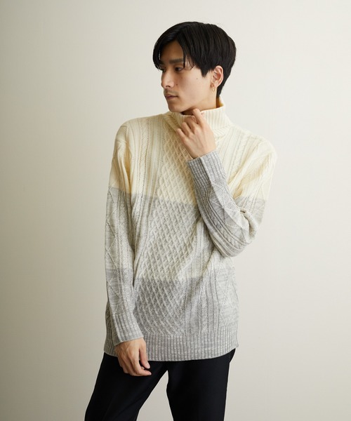 VIBGYOR(ヴィブジョー)の「VIBGYOR Select/ケーブルタートルネックニット(BL)(ニット/セーター・メンズ・アイボリー/ホワイト系その他/ブラック/ブラック系その他/杢グレー/ベージュ系その他/パープル系その他/ワイン・MEDIUM/LARGE/X-LARGE)」の2枚目の写真