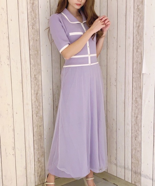 MIIA（ミーア）の「バイカラーニットチュールドッキングワンピース（ワンピース・レディース・ブラック/ベージュ/パープル/ピンク・FREE）」の3枚目の写真