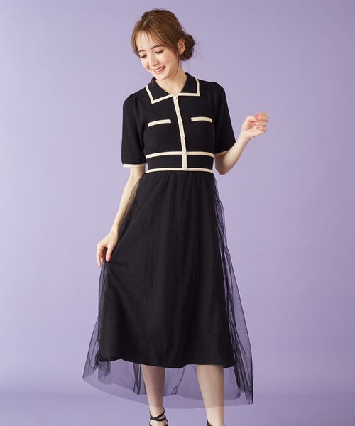 MIIA（ミーア）の「バイカラーニットチュールドッキングワンピース（ワンピース・レディース・ブラック/ベージュ/パープル/ピンク・FREE）」の2枚目の写真