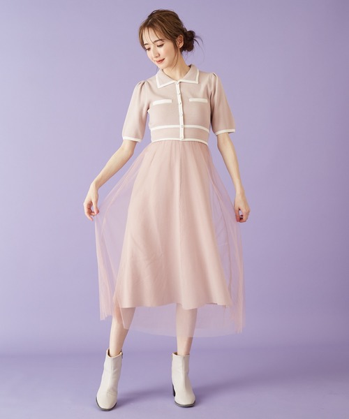 MIIA（ミーア）の「バイカラーニットチュールドッキングワンピース（ワンピース・レディース・ブラック/ベージュ/パープル/ピンク・FREE）」の14枚目の写真