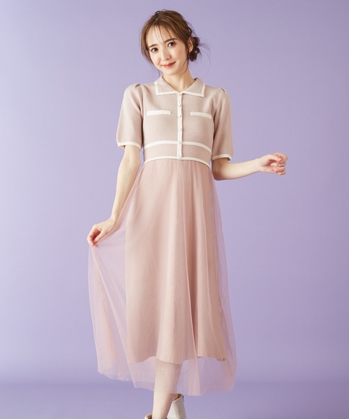 MIIA（ミーア）の「バイカラーニットチュールドッキングワンピース（ワンピース・レディース・ブラック/ベージュ/パープル/ピンク・FREE）」の15枚目の写真