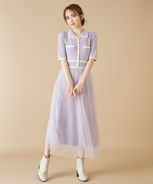 MIIA（ミーア）の「バイカラーニットチュールドッキングワンピース（ワンピース・レディース・ブラック/ベージュ/パープル/ピンク・FREE）」の7枚目の写真