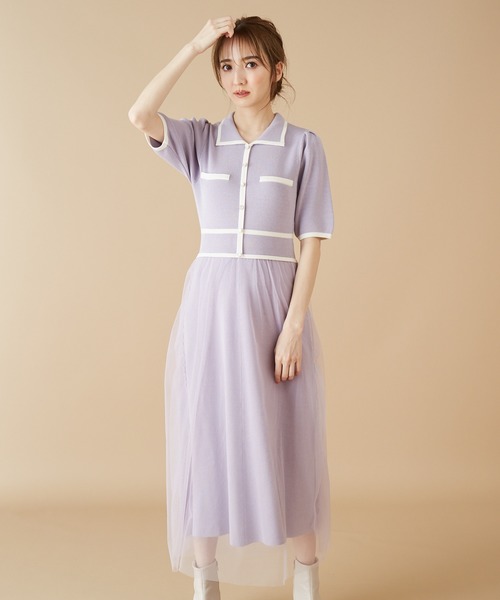 MIIA（ミーア）の「バイカラーニットチュールドッキングワンピース（ワンピース・レディース・ブラック/ベージュ/パープル/ピンク・FREE）」の6枚目の写真