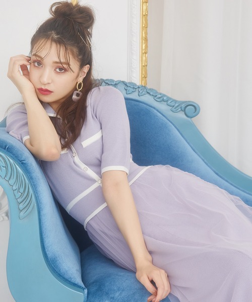 MIIA（ミーア）の「バイカラーニットチュールドッキングワンピース（ワンピース・レディース・ブラック/ベージュ/パープル/ピンク・FREE）」の5枚目の写真