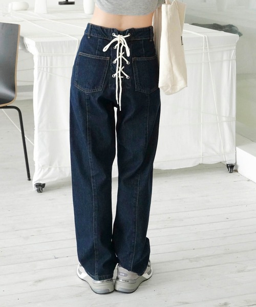 Mayree（メイリー）の「【Mayree】バックレースアップ センターラインチノ ツイル パンツ/ デニムパンツ 2021SS（チノパンツ・レディース・ライトブルー/ブラック/インディゴブルー/ブルー/アイボリー/サンドベージュ/ピンクベージュ・FREE）」の5枚目の写真