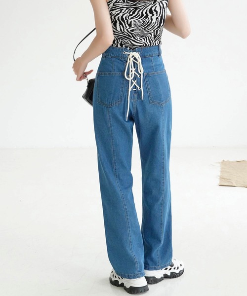 Mayree（メイリー）の「【Mayree】バックレースアップ センターラインチノ ツイル パンツ/ デニムパンツ 2021SS（チノパンツ・レディース・ライトブルー/ブラック/インディゴブルー/ブルー/アイボリー/サンドベージュ/ピンクベージュ・FREE）」の6枚目の写真