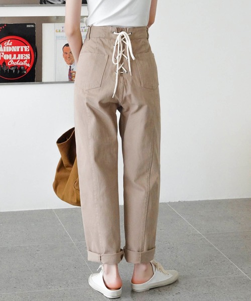 Mayree（メイリー）の「【Mayree】バックレースアップ センターラインチノ ツイル パンツ/ デニムパンツ 2021SS（チノパンツ・レディース・ライトブルー/ブラック/インディゴブルー/ブルー/アイボリー/サンドベージュ/ピンクベージュ・FREE）」の4枚目の写真