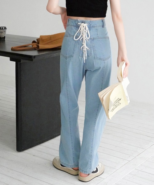 Mayree（メイリー）の「【Mayree】バックレースアップ センターラインチノ ツイル パンツ/ デニムパンツ 2021SS（チノパンツ・レディース・ライトブルー/ブラック/インディゴブルー/ブルー/アイボリー/サンドベージュ/ピンクベージュ・FREE）」の12枚目の写真