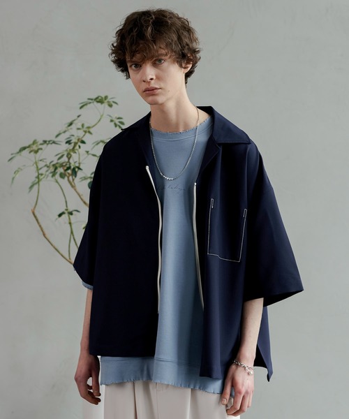 shiki tokyo（シキトウキョウ）の「OVERSIZED SHORT ZIP SHIRTS / オーバーサイズショートジップシャツ（シャツ/ブラウス・メンズ・ネイビー/ライトベージュ・SMALL/MEDIUM/LARGE）」の3枚目の写真
