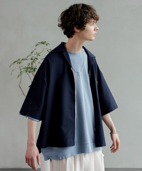 shiki tokyo（シキトウキョウ）の「OVERSIZED SHORT ZIP SHIRTS / オーバーサイズショートジップシャツ（シャツ/ブラウス・メンズ・ネイビー/ライトベージュ・SMALL/MEDIUM/LARGE）」の6枚目の写真