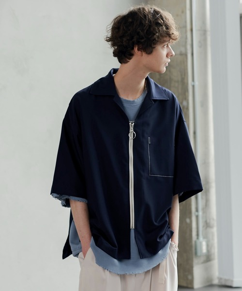 shiki tokyo（シキトウキョウ）の「OVERSIZED SHORT ZIP SHIRTS / オーバーサイズショートジップシャツ（シャツ/ブラウス・メンズ・ネイビー/ライトベージュ・SMALL/MEDIUM/LARGE）」の9枚目の写真