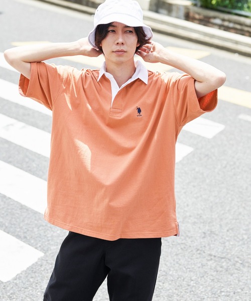 U.S. POLO ASSN.（ユーエスポロアッスン）の「U.S. POLO ASSN. /ユーエスポロアッスン 別注ワンポイント刺繍 ビッグシルエット半袖ラガーシャツ（ポロシャツ・メンズ・ネイビー/ベージュ/オリーブ/オレンジ/ブラック/サックスブルー・L/M/S）」の11枚目の写真