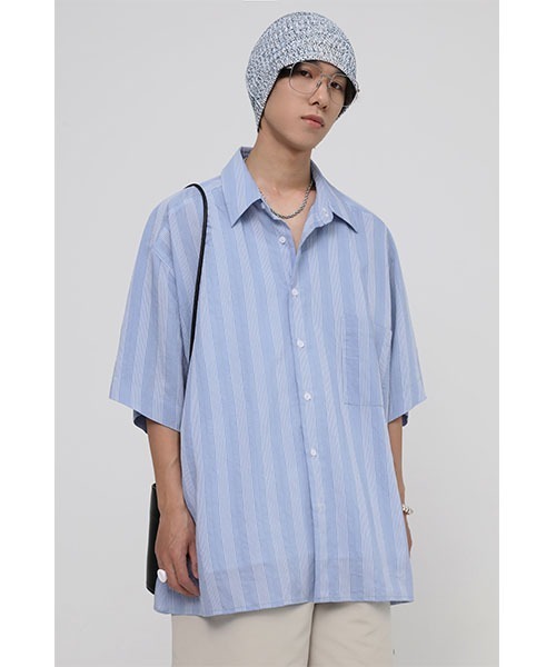 MASONPRINCE(メイソンプリンス)の「【MASONPRINCE】Oversized half sleeve striped shirt CS2080(シャツ/ブラウス・メンズ・ホワイト/ライトブルー・L/S/M)」の2枚目の写真