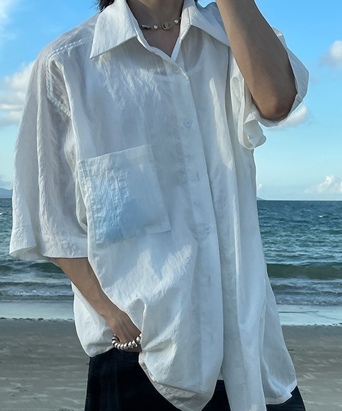MASONPRINCE(メイソンプリンス)の「【MASONPRINCE】Oversized half sleeve striped shirt CS2080(シャツ/ブラウス・メンズ・ホワイト/ライトブルー・L/S/M)」の7枚目の写真