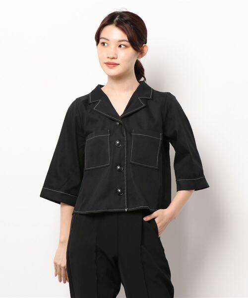 ehka sopo（エヘカソポ）の「ツイル開襟シャツ（シャツ/ブラウス・レディース・ブラック/カーキ/モカ/キナリ・ﾌﾘ-）」の2枚目の写真
