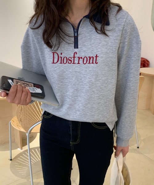 Diosfront(ディオスフロント)の「【2022SS新作】カラー刺繍フロントジップスウェットトレーナー(Tシャツ/カットソー・レディース・ホワイト/ブラック/グレー/ネイビー・M/L)」の1枚目の写真